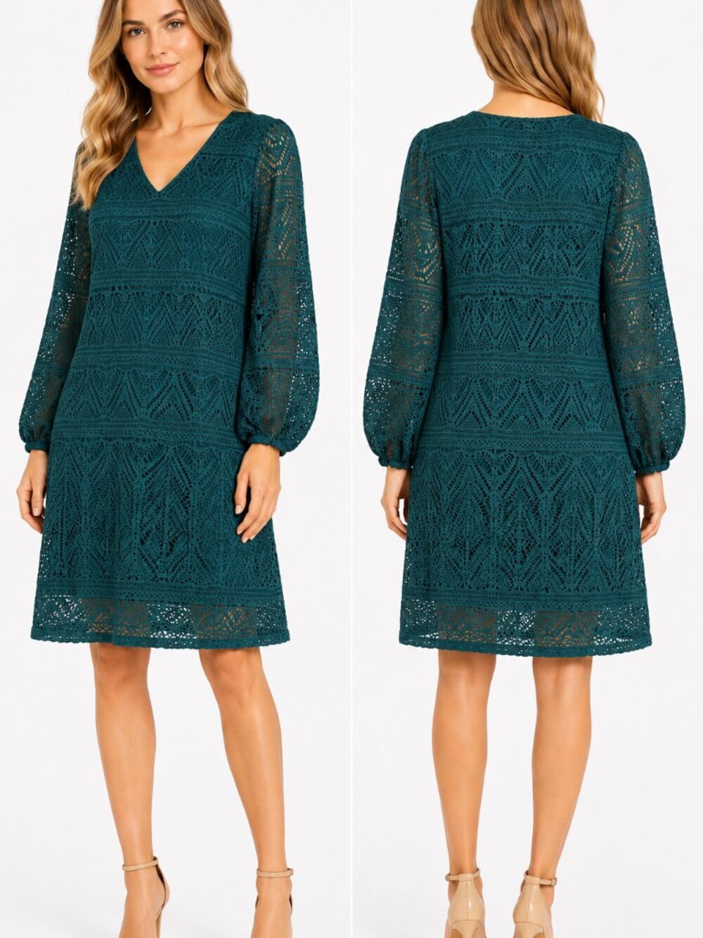 Tribal Teal Crochet Lace Shift Dress Medium Boho V Neck Bell Sleeve Swim Coverup